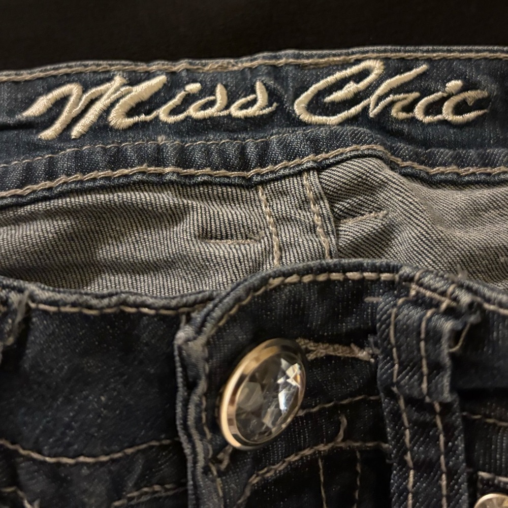 Miss Chic Embroidered & Rhinestone Skinny Distressed Blue Jeans - Picture 6 of 8
